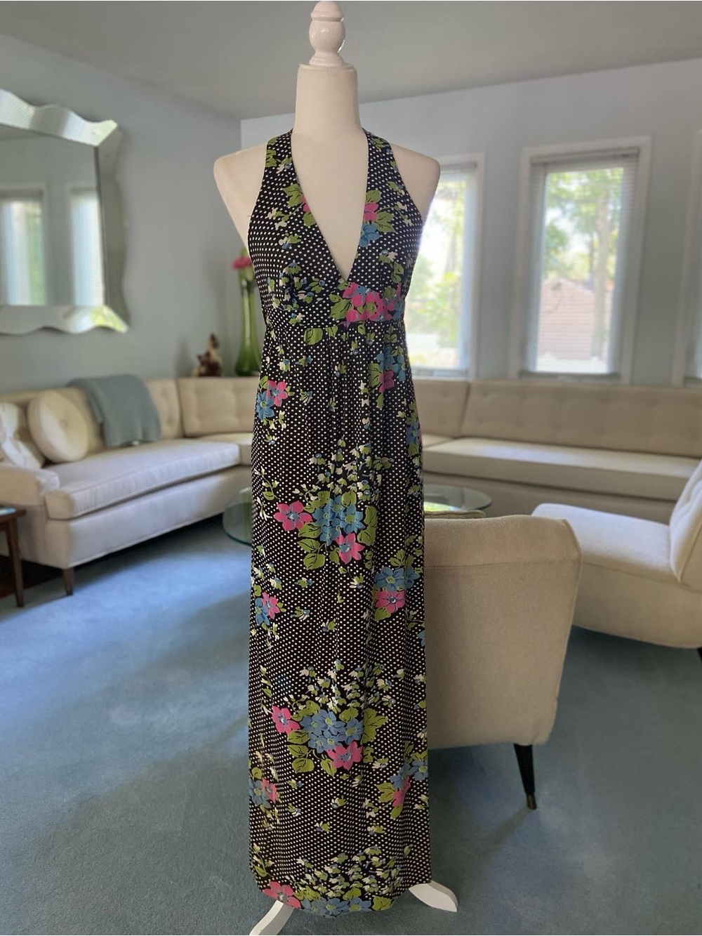Vintage Black Halter Maxi Dress with Pink, Blue & Green Floral Print